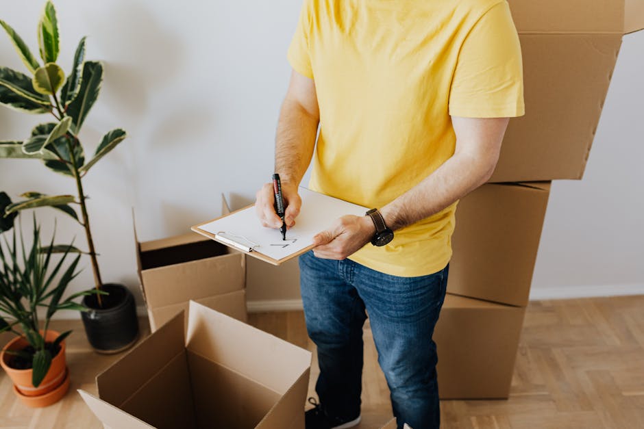 A man wearing a yellow t-shirt and blue jeans is standing indoors amidst several open cardboard boxes and some closed ones stacked in the background, indicating a home relocation or moving process. He is holding a clipboard in his left hand and using a black marker in his right hand to mark or record details, likely related to packing or inventory. The boxes are empty or filled with packing materials, and the scene is set in a bright room with light-colored walls, a hardwood floor, and a potted plant with broad green leaves placed beside the boxes. This image captures the typical activities of packing, preparing for furniture transport, or organizing items during a house move, as done by professional removals services like Man with Van Gidea Park, supporting thorough and efficient moving logistics.