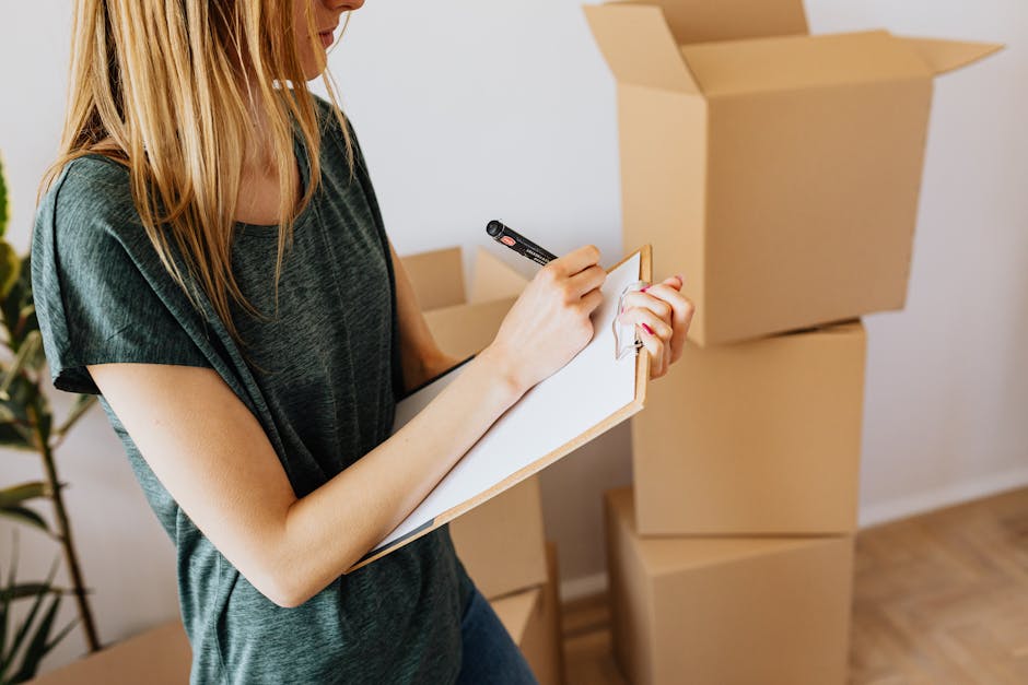 A woman with long blonde hair, wearing a grey short-sleeved top, is holding a clipboard and writing with a black marker. She appears to be indoors, standing next to a stack of large cardboard moving boxes, some of which are open, revealing packing material inside. Behind her, a potted plant is visible, and the room has light-colored walls and wooden flooring. The image captures the packing and organisational aspects of home relocation services provided by Man with Van Gidea Park, illustrating the process of preparing for a house move, including documenting items and packing supplies ready for transportation in a professional moving operation.